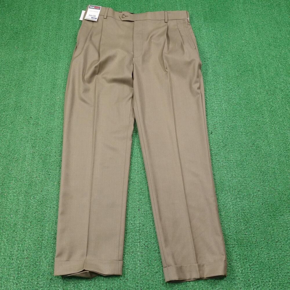 Roundtree &‎ Yorke Pants Mens 34x30 Khaki TravelSMART Gabardine Pleated Dress